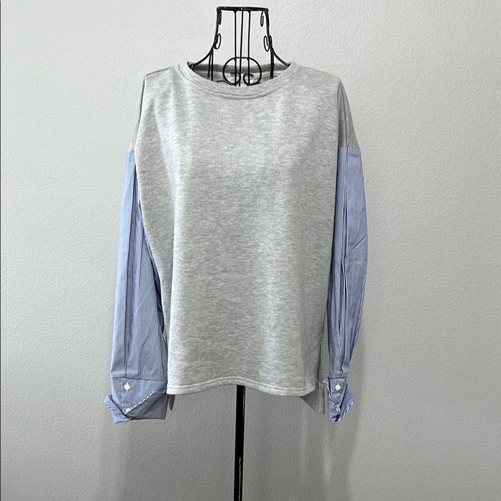 Mellow Day Gray and Blue Hybrid Sweatshirt Woman’s‎ with Dress Shirt Sleeves Med